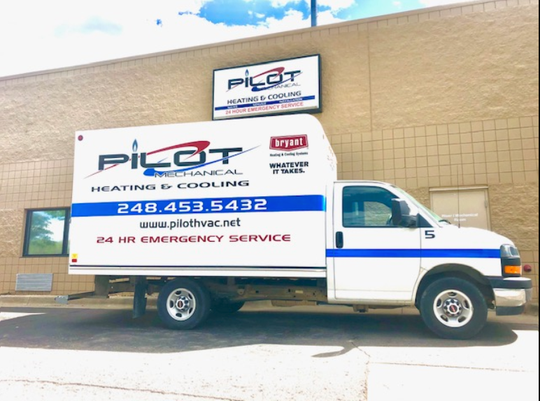 The Pilot Mechanical Heating and Cooling branded truck parked outside of the physical Pilot Mechanical location